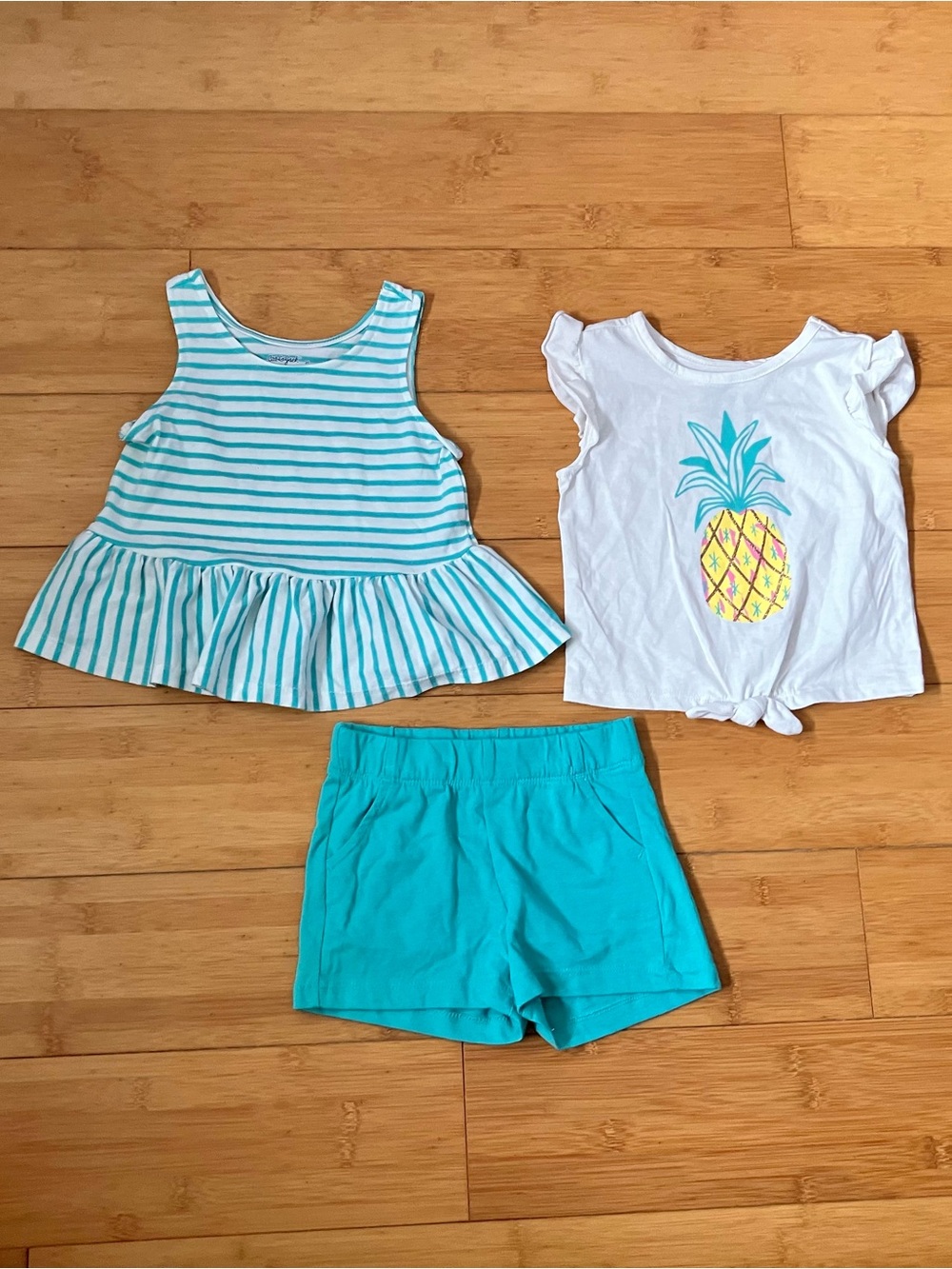 NWT Girls Size 3T Teal Outfit -Striped Tank Top & Pineapple Tee & Pull On Shorts